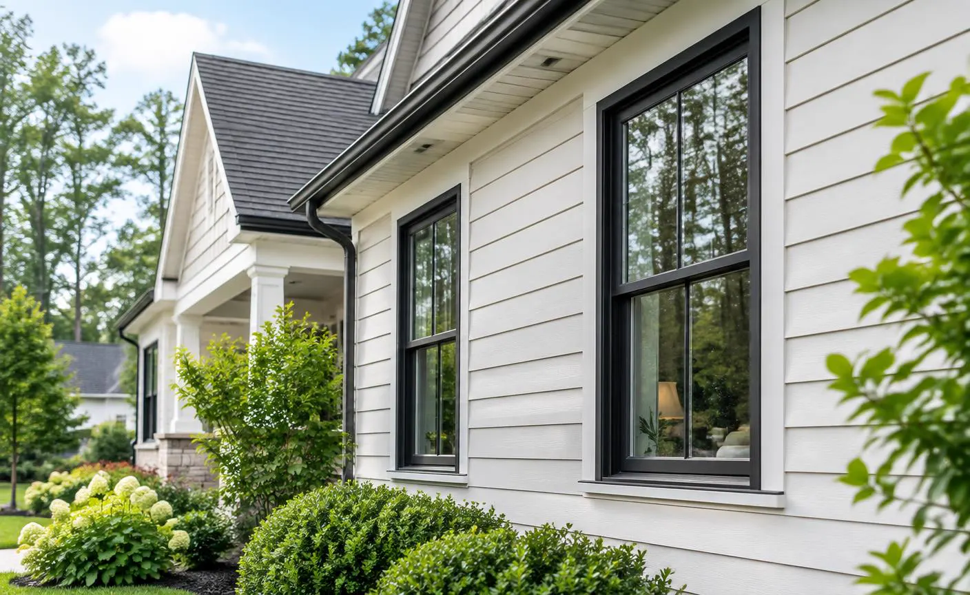 Clean light siding, soffit and fascia with dark-trim windows