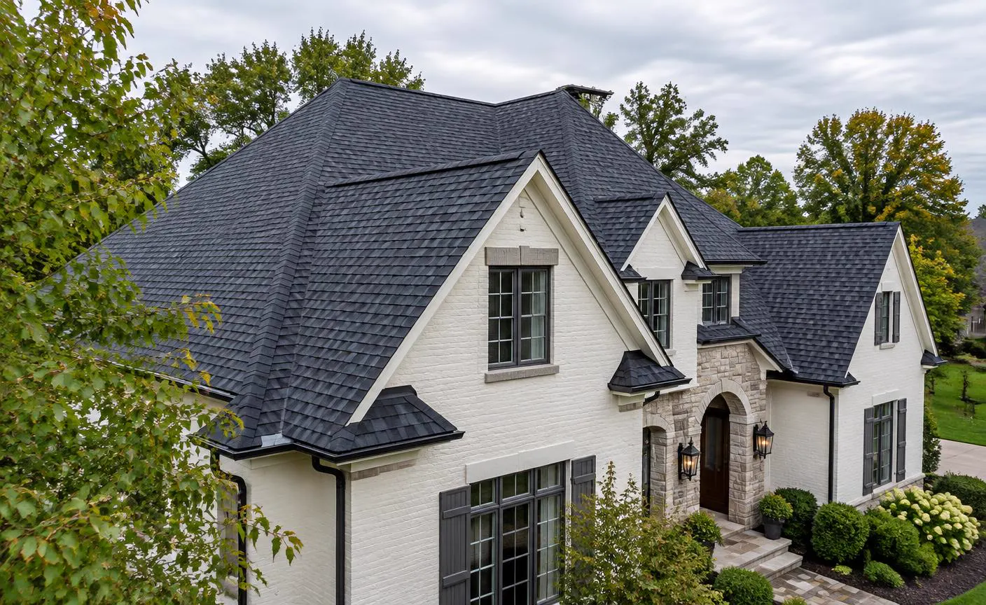 Charcoal shingle roof and roofline on a two-story home